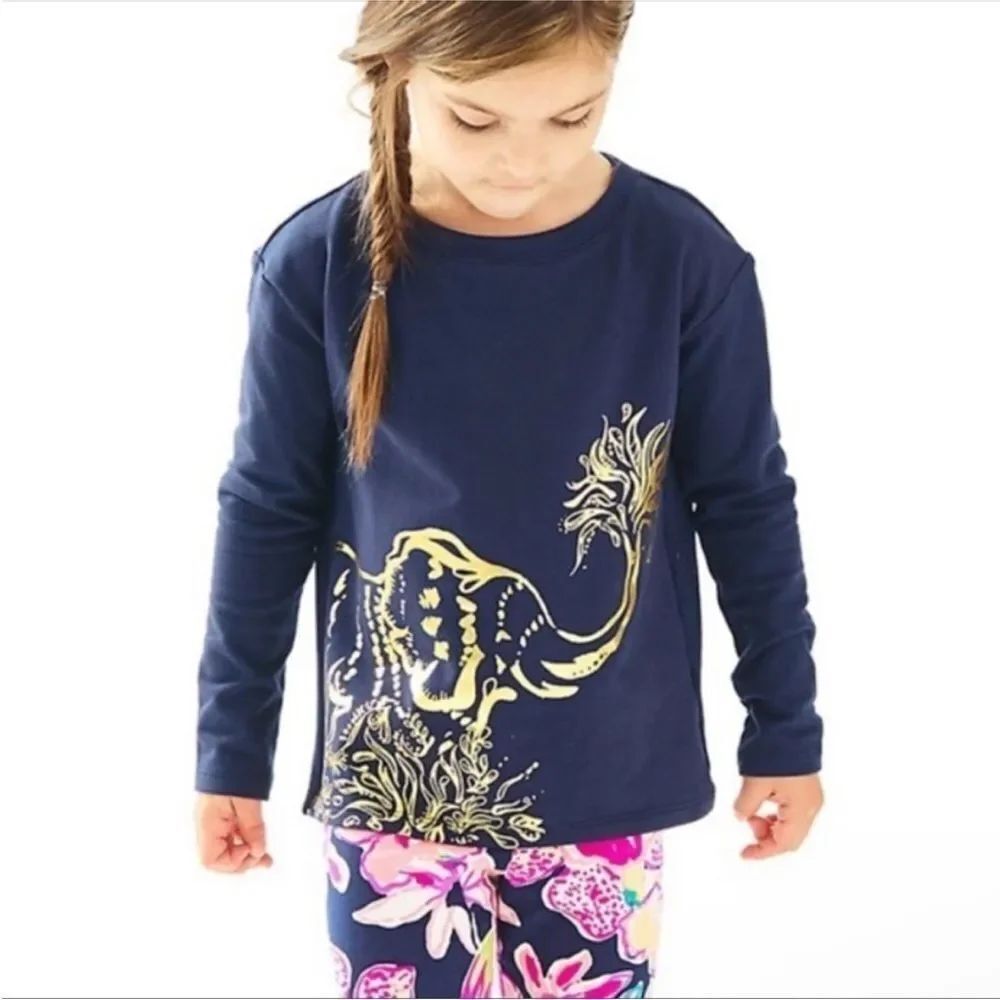 LILLY PULITZER | Navy Blue & Gold Metallic Elephant Popover Top Girl’s Size XL